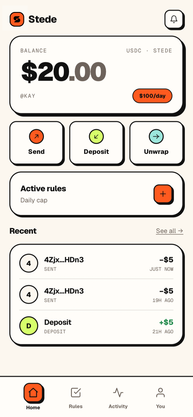 The Stede app home screen